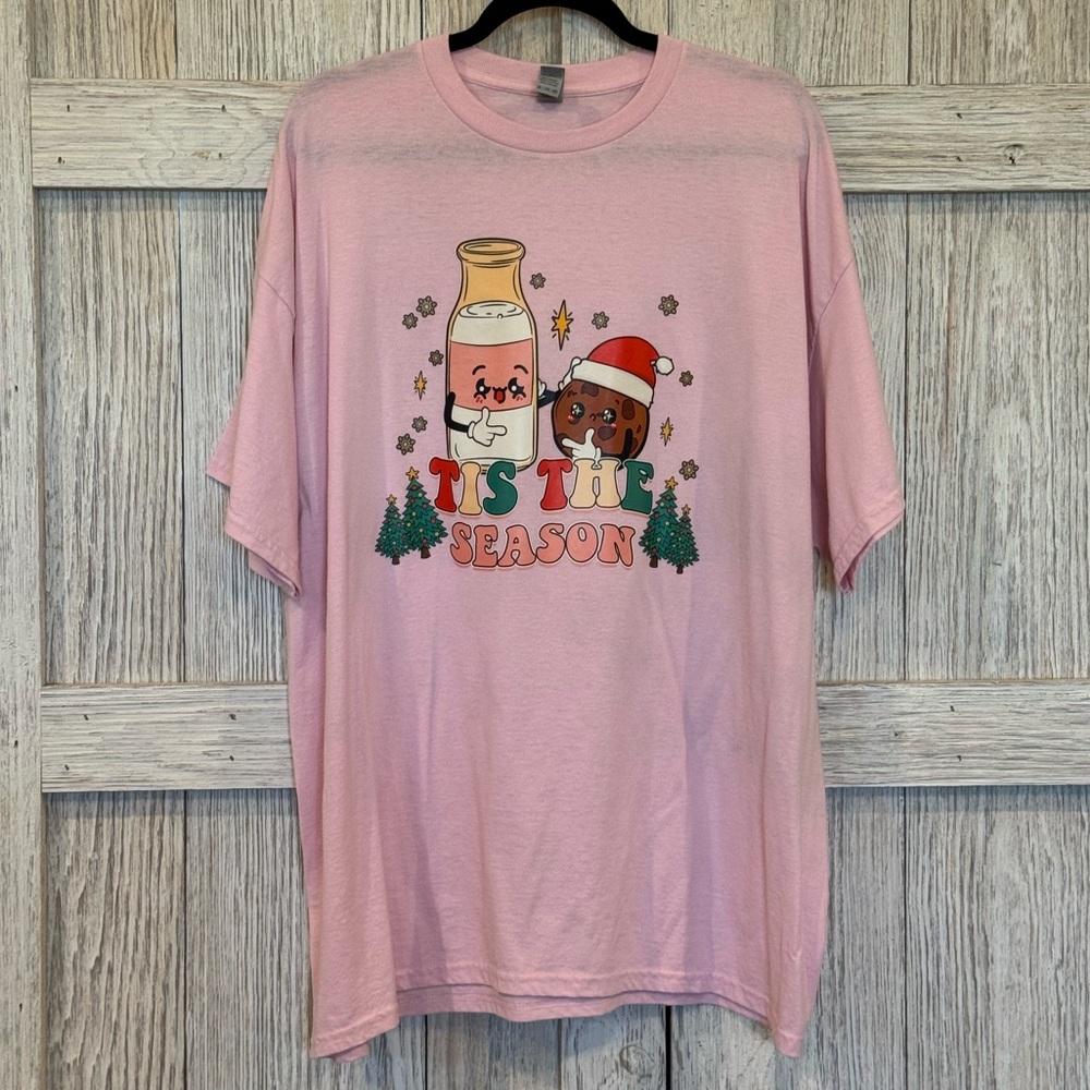 Gildan Light Pink DryBlend  sz 2XL “Tis the Season” milk and cookies T Shirt